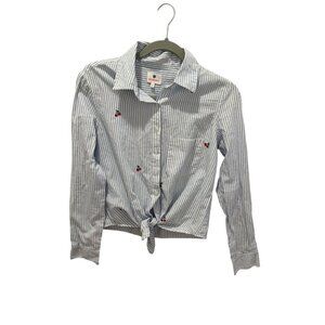 Sundry Womens Striped Button-Up Shirt With Cherry Embroidery & Tie Front Size 0